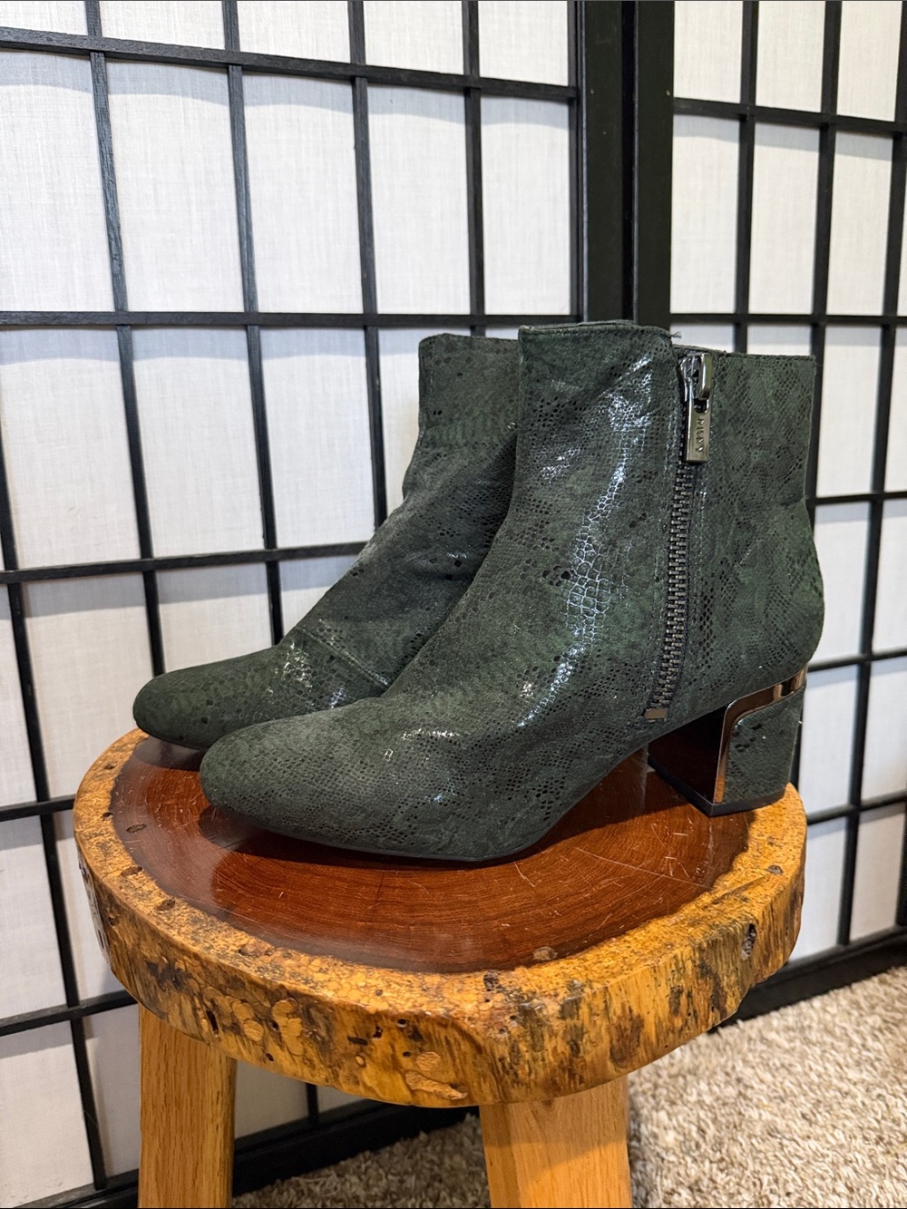 DKNY Dark Green Snake-Embossed Ankle Booties with mirror Block Heel Worn Once